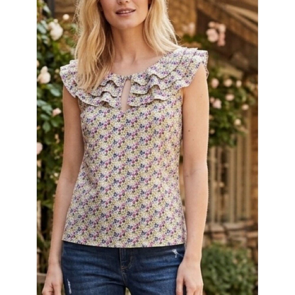 Liberty of London Cream Floral Ruffle Sleeveless Blouse